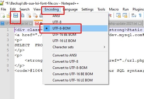 mysql sửa lỗi font file csv bằng notedpad plus