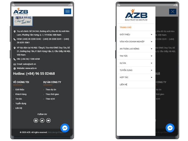 PANPIC thiết kế web cty xây dựng AZB màn hình điện thoại