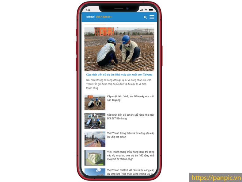 Màn hình điện thoại mobile website cty xây dựng VietThanh