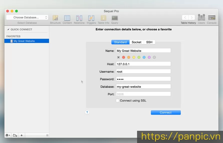 Sequel Pro kết nối với máy chủ MySQL