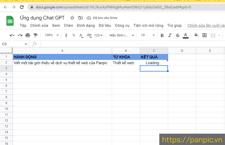 Hàm GPT trong bảng tính Google sheets viết bài