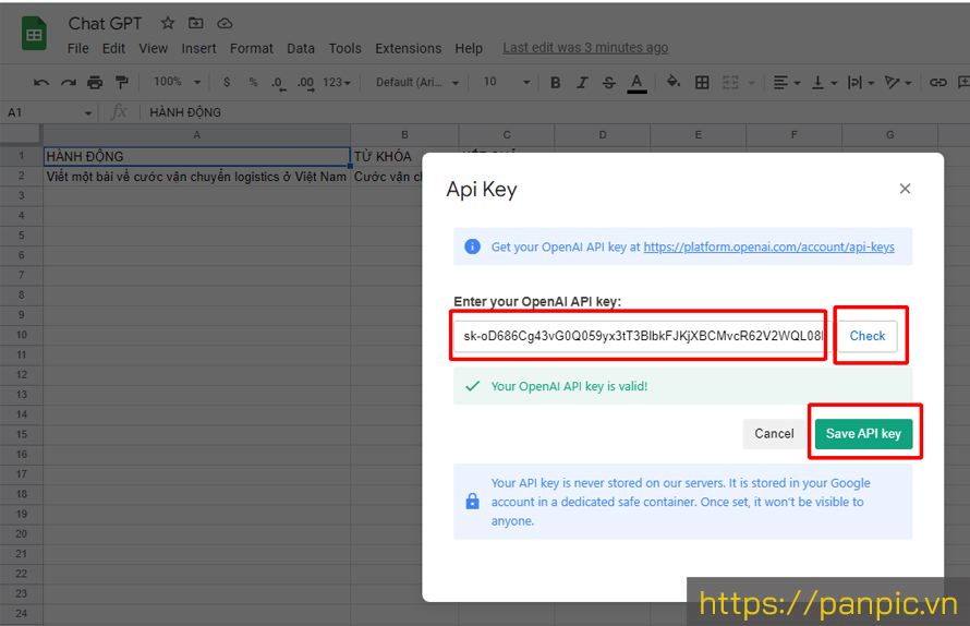 Lưu API key vào Google sheets