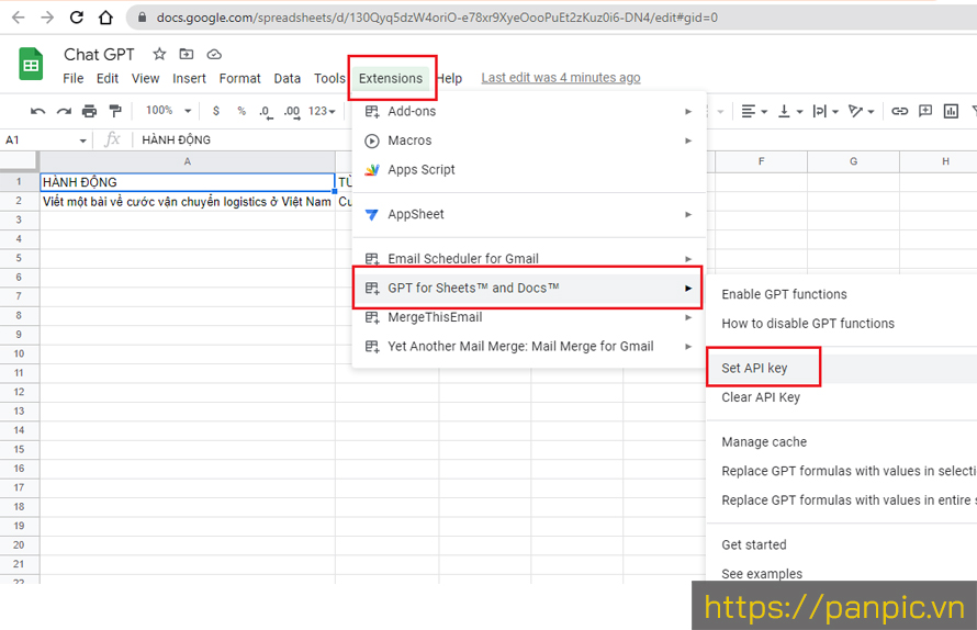 Thêm API key vào Google sheets