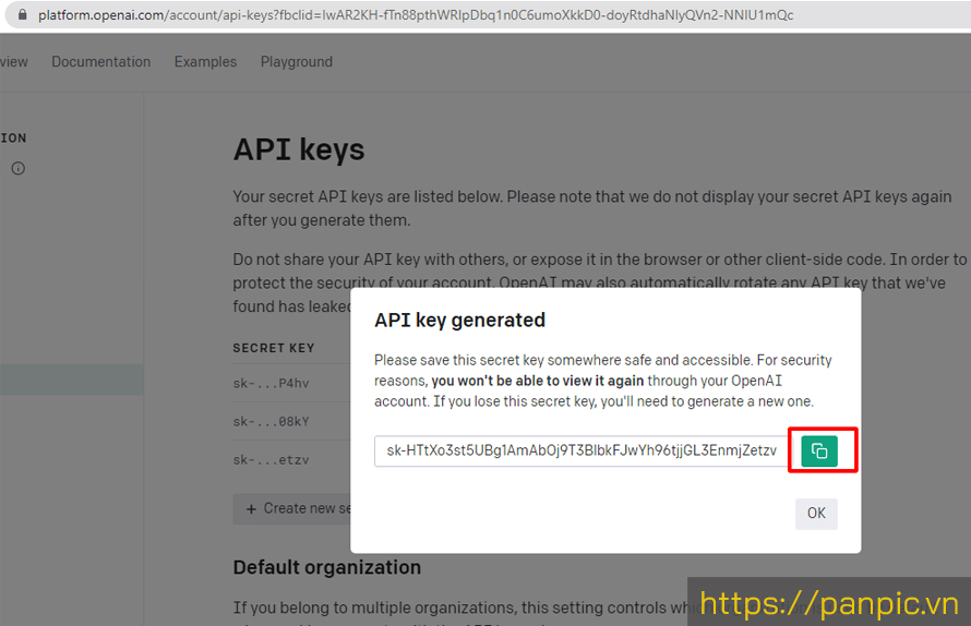 Copy API key của Chat GPT