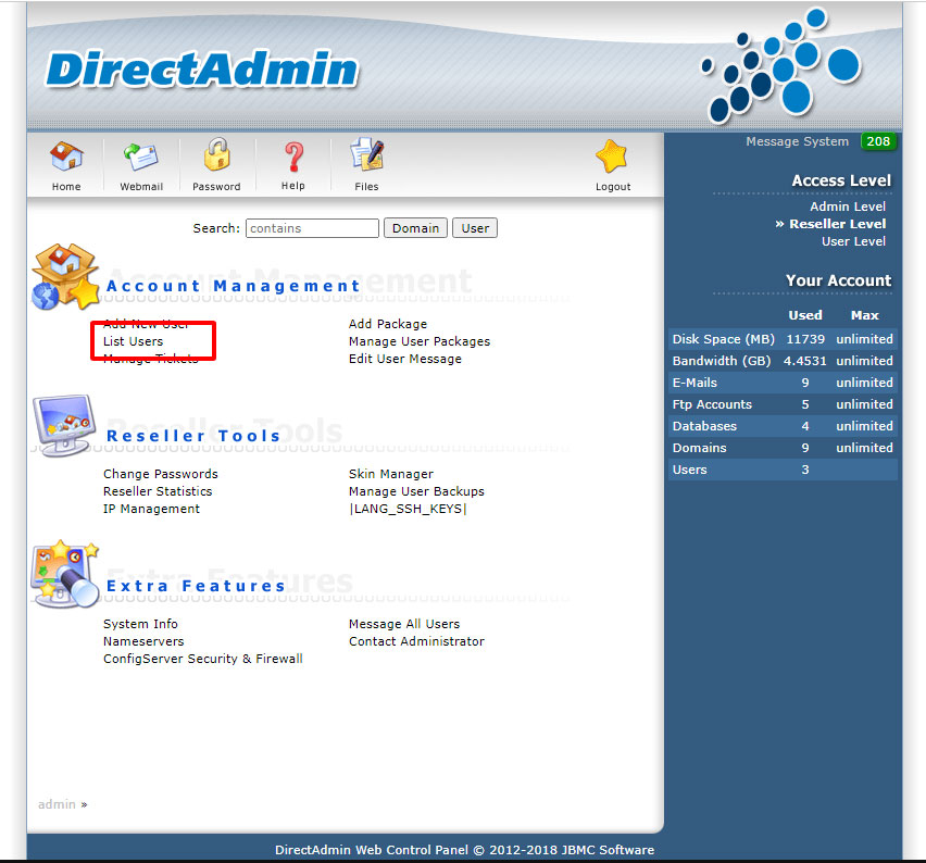 DirectAdmin Reseller List User