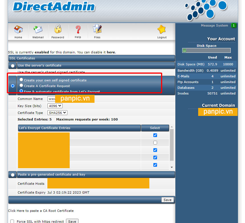 DirectAdmin SSL Certificates